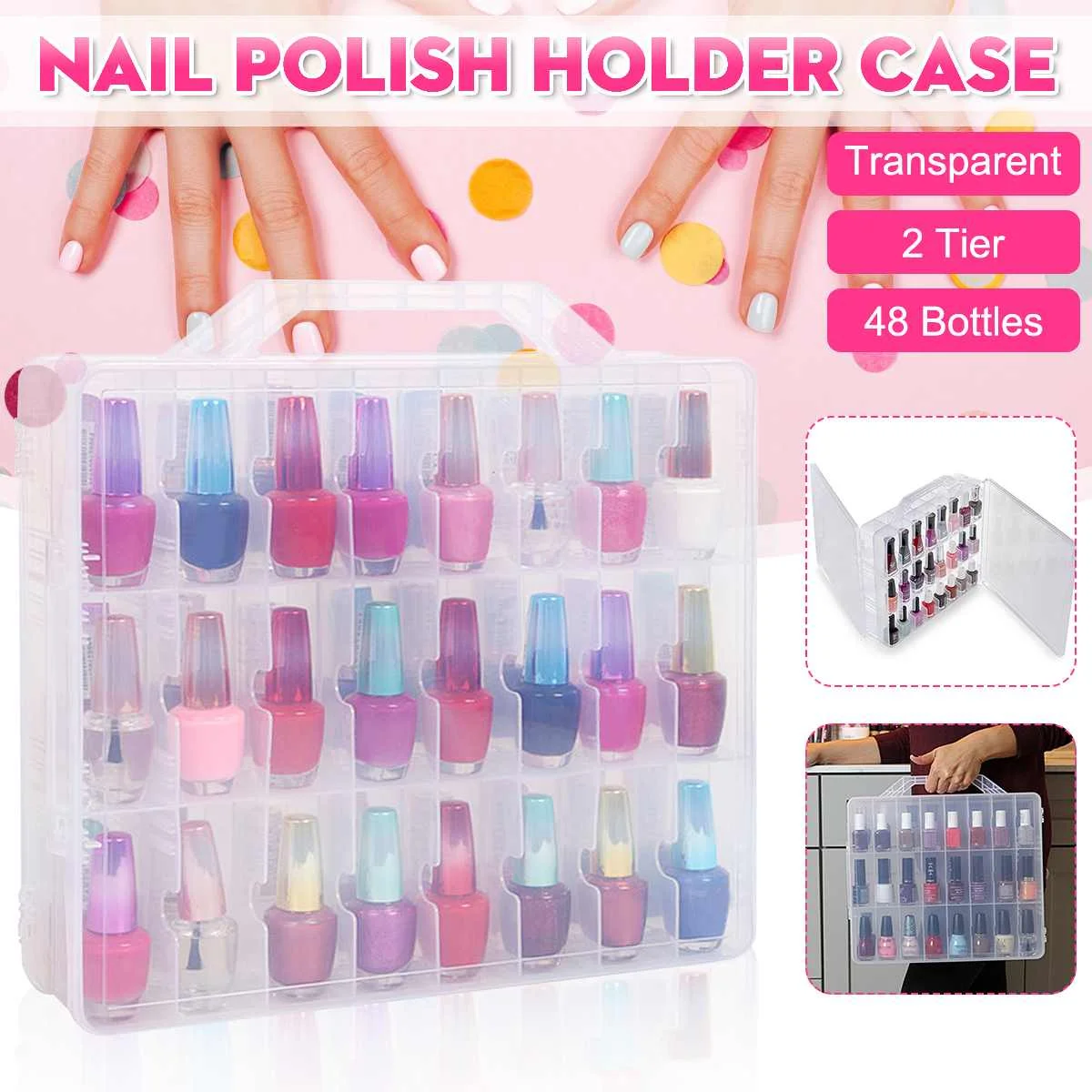 

48 Slots Nail Polish Organizer Storage Case Divider Transparent UV Gel Portable Display Holder Double Side Plastic Box + Handle