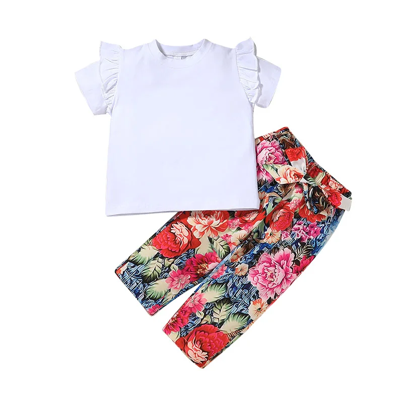 

2021 Summer Children Sets Casual Short Sleeve O Neck White Solid T-shirt Print Floral Trousers 2Pcs Girl Clothes Sets 9M-7T
