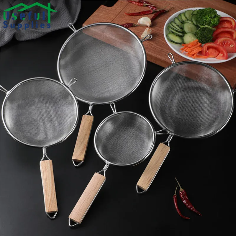 

304 Stainless Steel Wooden Handle Colander with Hanging Ears Bowl Placed Filtered Soy Milk Gadgets for Kitchen Cooking Utensils