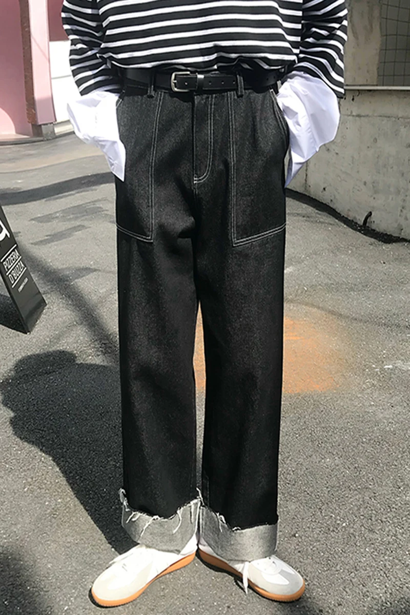 

UMI MAO Autumn Black Jeans Men's Straight Loose Loose Vibrato Tide Brand Korean Stitching Big-foot Wide-leg Trousers Women