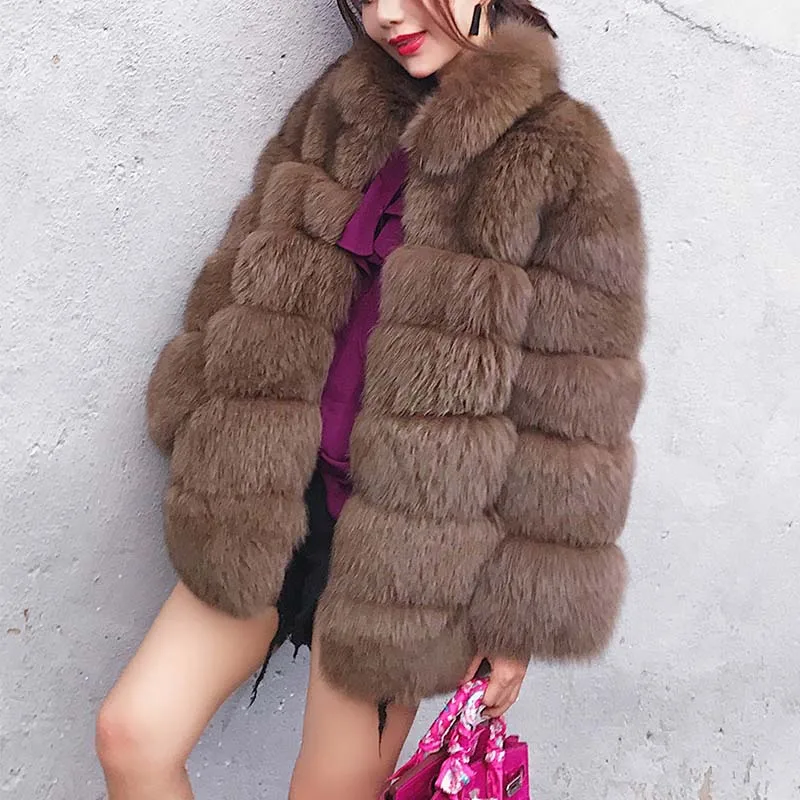brown URSPORTTECH пальто из искусственного коричневого лисьего меха, женское плюшевое пальто, куртка, уличная одежда, осень-зима, теплое пальто из искусственного лисьего меха, верхняя одежда для женщин - Цвет: brown