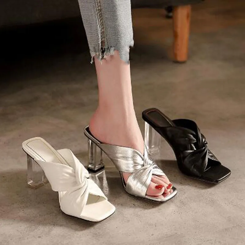 

Women 2021 Summer Sexy Mules Shoes Women Square Heel Slippers High Heels Square Toe Sandals Slides Ladies Shoes Chaussure Femme