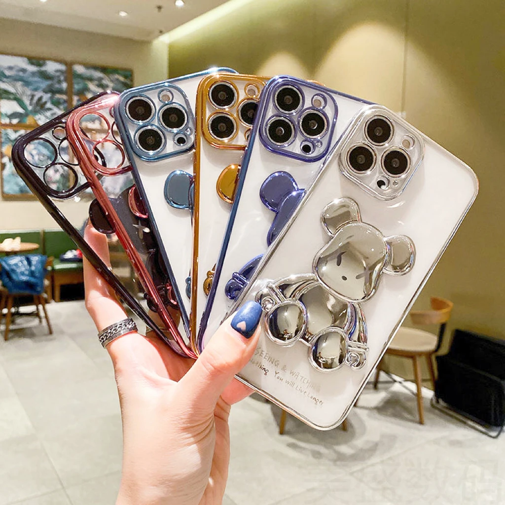 New 3D Bear Cartoons Phone Case For iPhone 13 12 11 Pro Max se2020 7 8 Plus XR XS MAX Cute Silicone Elastic Soft Creative Cover