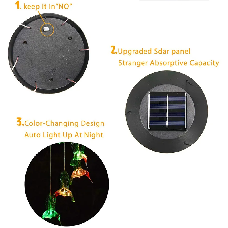 

LED Solar Wind Chime Crystal Ball Hummingbird Wind Chime Light Color Changing Waterproof Hanging Solar Light For Home Garden