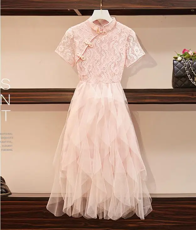 Plus Size Elegant Lace Cheongsam Crochet Party Dress Women Summer Bodycon Fit Flare Layer Ruffle Irregular Mesh Midi Dresses 5XL - Цвет: Pink