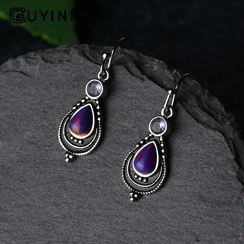 S925 Charoite серьги женские модные фиалки ананас уха украшения Серебряные Серьги с