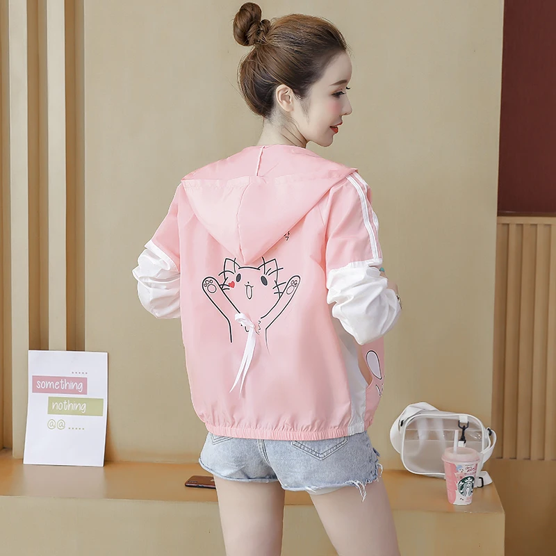 

Summer Print Hooded Thin Baseball Jacket Women Casual Long-sleeve Bomber Tops Breathable Sunscreen Cardigan Loose Coat 3 Colors
