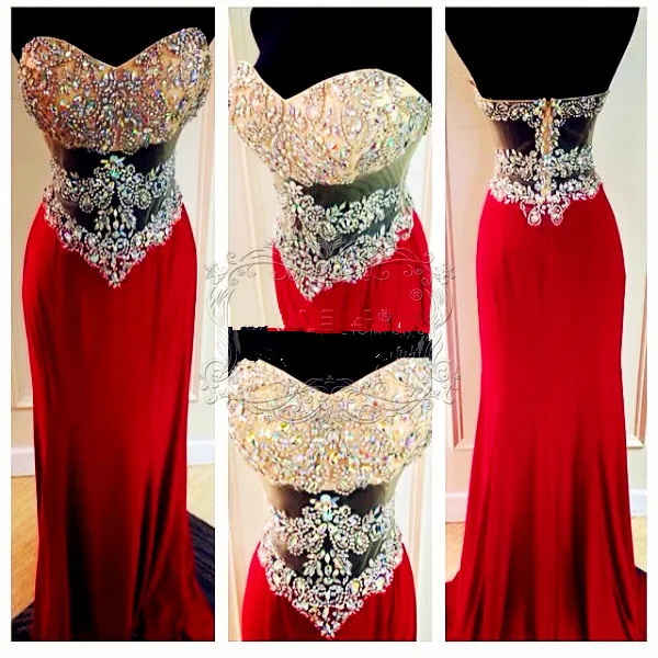 

Real Picture Amazing Crystal Beading Bodice Backless Sexy Red Floor Length Mermaid Prom gown Custom 2018 bridesmaid dresses