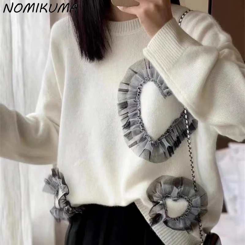 Nomikuma Pull Femme корейский сетчатый лоскутный вязаный свитер с оборками Love Heart