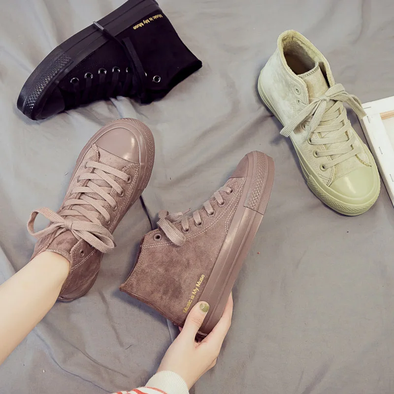 High-top Shoes Women Winter New Non-slip Solid Color Letter Flock Shoes Comfortable Flat Casual Women's Vulcanize Shoes