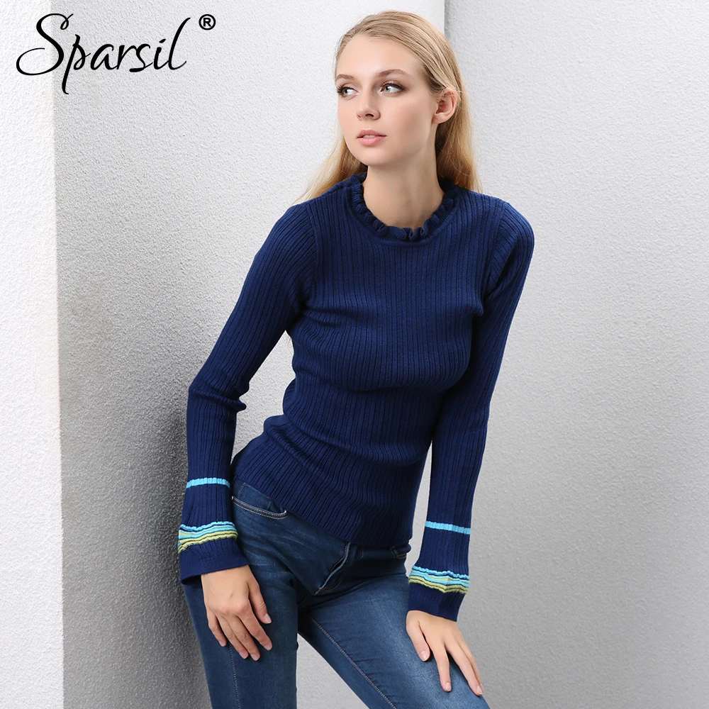 Clearance Sparsil Women Autumn Wool Sweater Ruffled Collar Lantern Sleeve Slim Knitted Woolen Pullover Soft Elastic StripeJumper | Женская