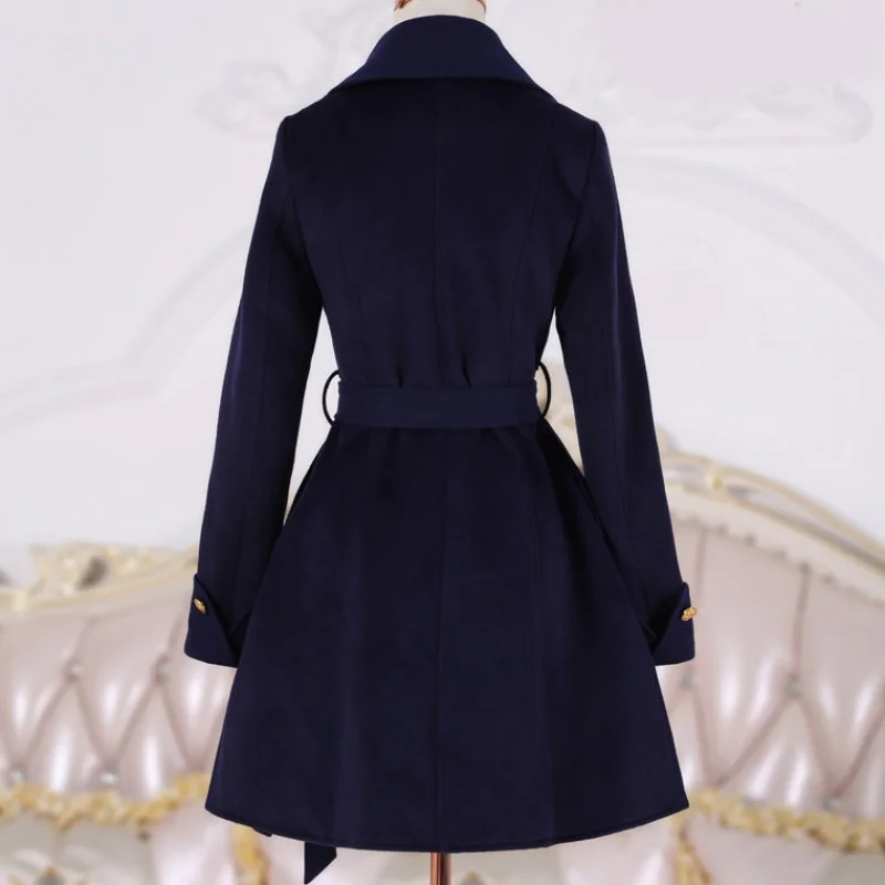 2021 New Spring And Autumn Women Coat Dark blue embroidered long-sleeved woolen coat female slim winter | Женская одежда