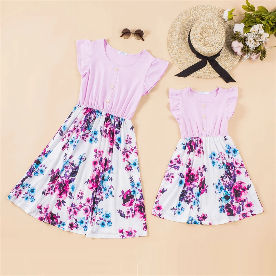 Ruffled Sleeve Mother Daughter Matching Dresses Family Look Flower Mom Mum Baby Mommy and Me Clothes Women Girls Cotton Dress ruffled sleeve mother daughter matching dresses family look flower mom mum baby mommy and me clothes women girls cotton dress