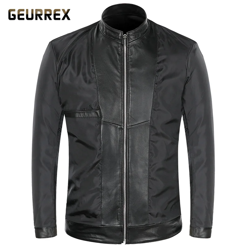 

GEURREX Thick Sheepskin Leather Stand Collar Biker Jacket Men Genuine Leather Clothes Men Slim Fit Zipper Leather Jackets Coat