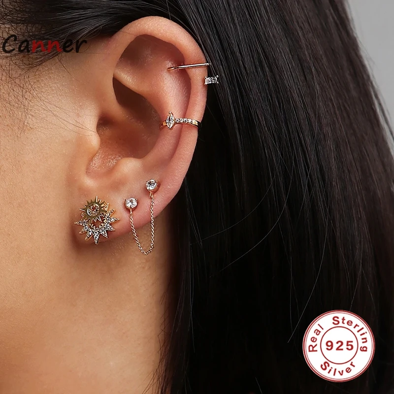 

Canner 925 Sterling Silver Zircon Pendant Chain Tassel Semicircle Stud Earrings Female Piercing Earring Fine Jewelry Pendientes