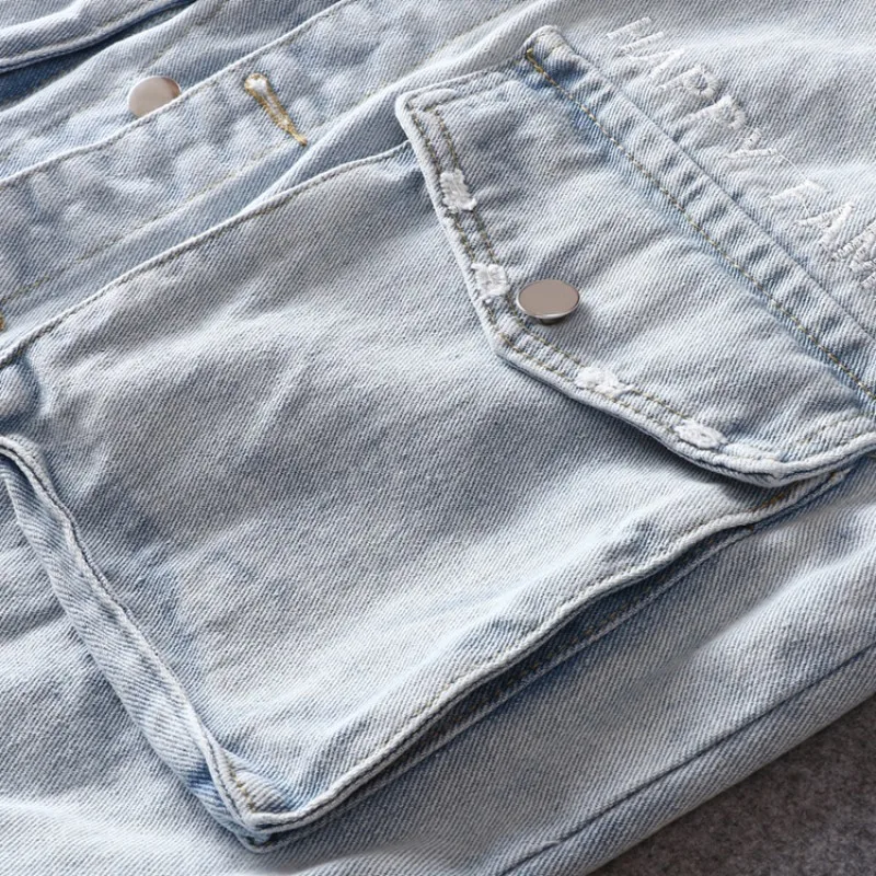 Корейский приталенный светильник синий мужской джинсовый жилет с дырками