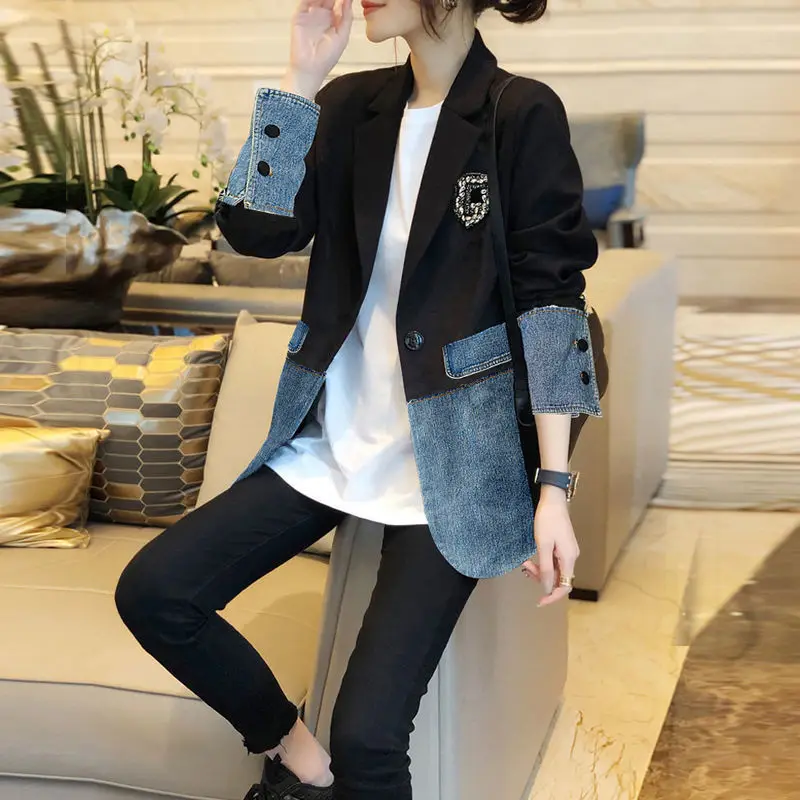 

2021 spring new denim stitching suit jacket female Korean version of large size suit jacket female