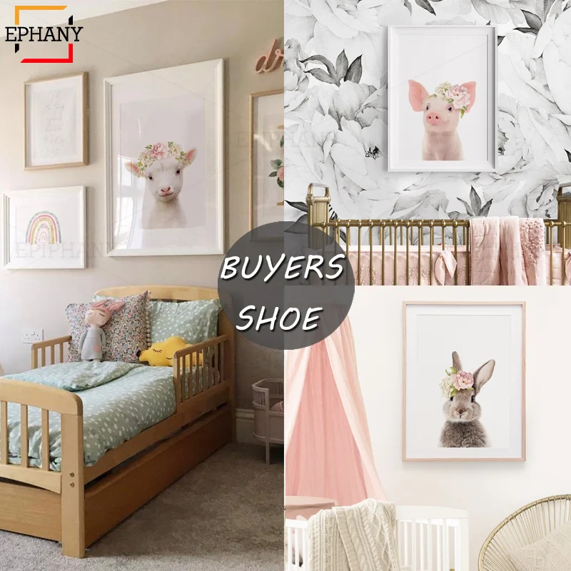 Детское животное с цветами искусство на холсте рисунок кролика оленя картина