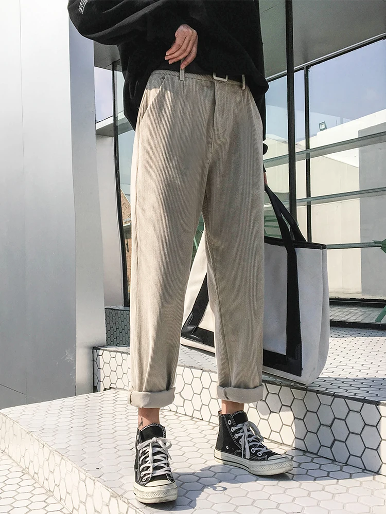 light khaki Винтажные однотонные вельветовые шаровары размера плюс, женская мода, корейская ткань, свободные тонкие брюки, спортивный костюм, брюки цвета хаки, черный, белый - Цвет: light khaki