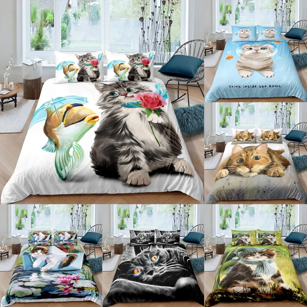 

New Watercolor Cat Duvet Cover With Pillowcase Lotus Rose Floral Quilt Cover Fish Animal Bedding Set Double King Size Bedclothes