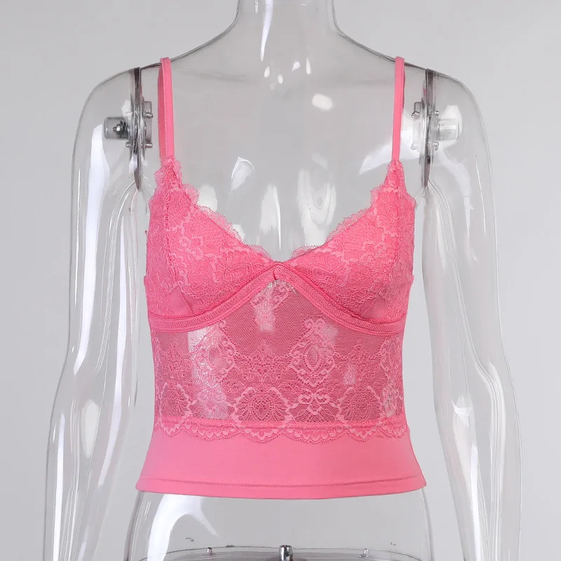 

Women\u2019s Solid Color Lace Vest Tops, Deep V-neck Lace Flower Perspective Waist Sling Short Clothes