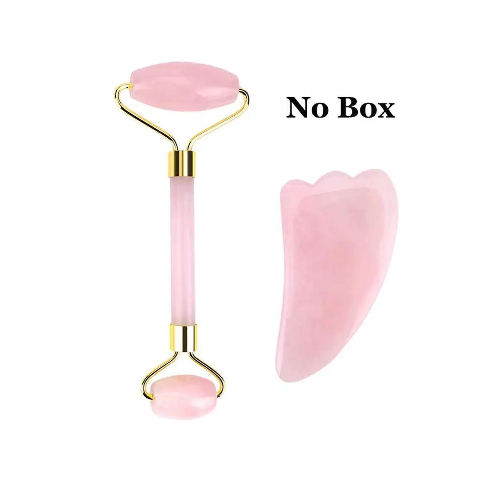 pink set no box Новое поступление косметический продукт нефритовый ролик для лица Gua Sha Комплект Природный уход за кожей розовый кварцевый камень красота ролик инструмент подарок для девочки - Цвет: pink set no box