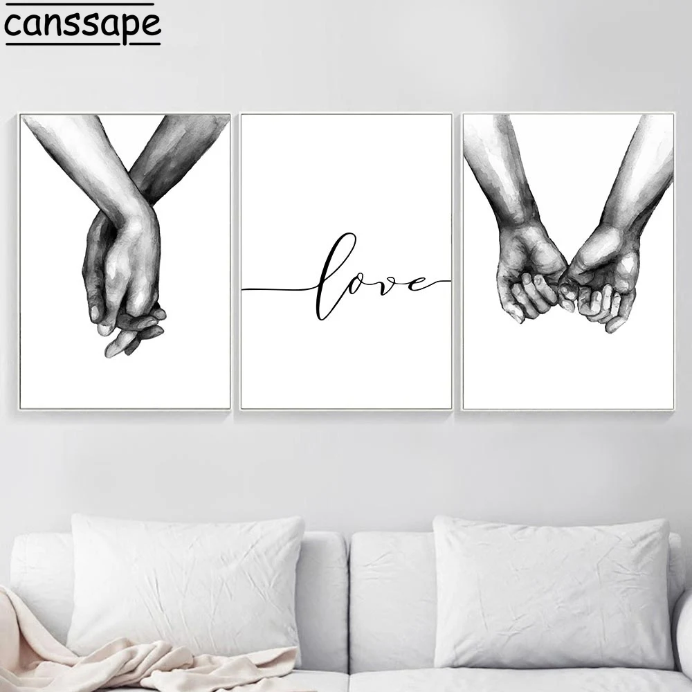 Любовь постер пара держа руки Живопись черный и белый стены искусства холст