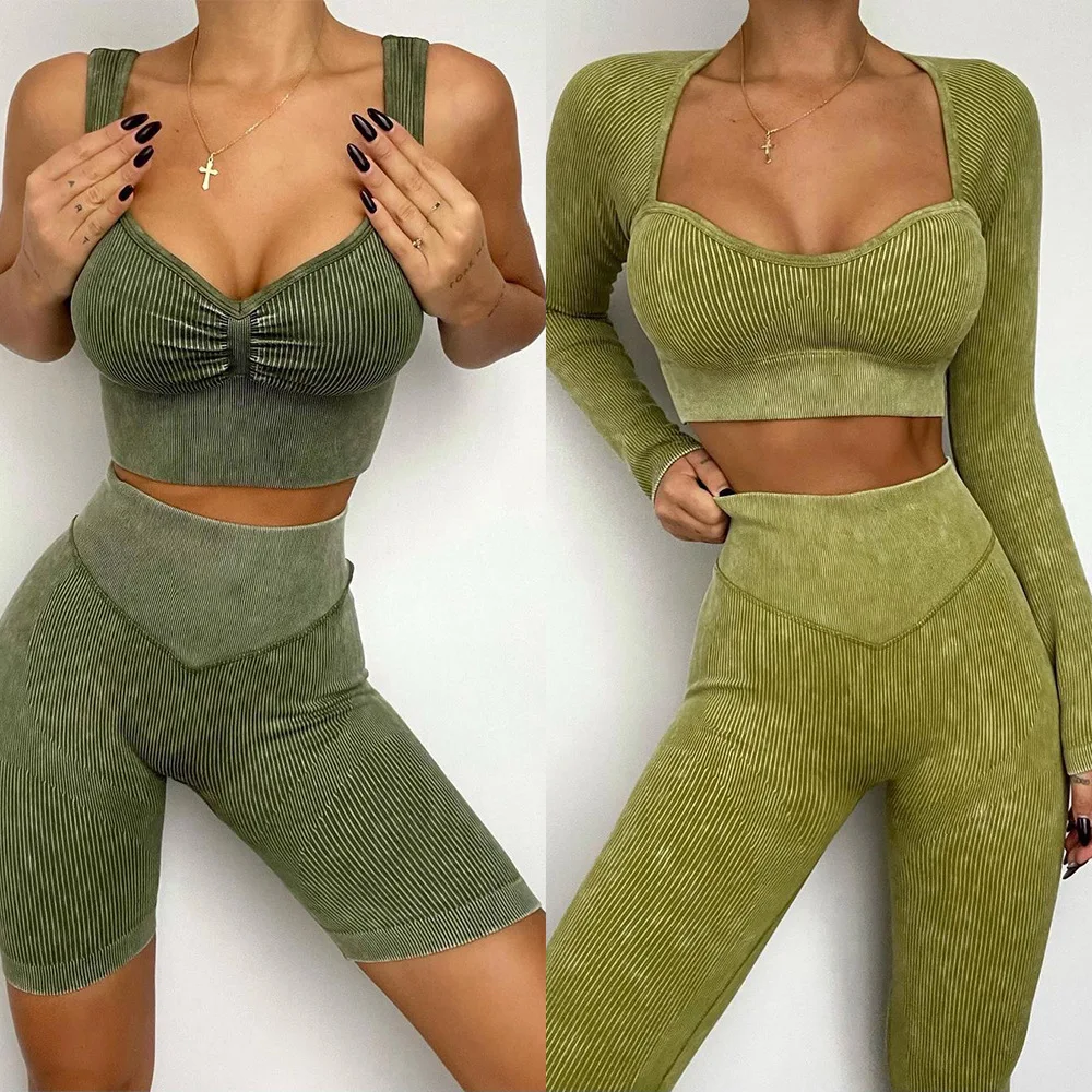 

Seamless Washed Yoga Sets Ribbed Long Sleeve Top+Sports Fitness High Waist Hip Raise Pants Suits Gym Leggings Sets for Women
