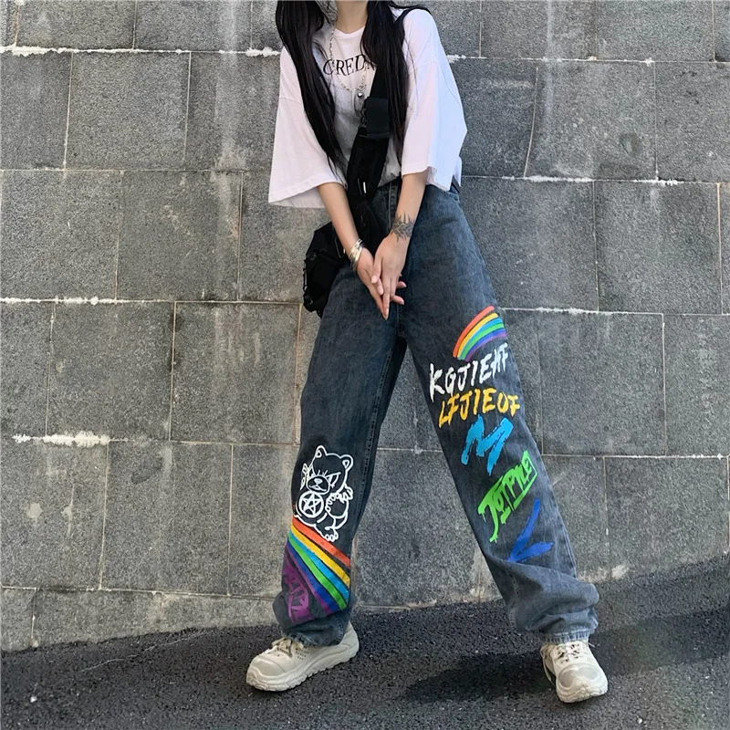

2021 Fashion trend jeans washed childlike rainbow printed loose straight jeans women casual demin wide leg pants Streetwear