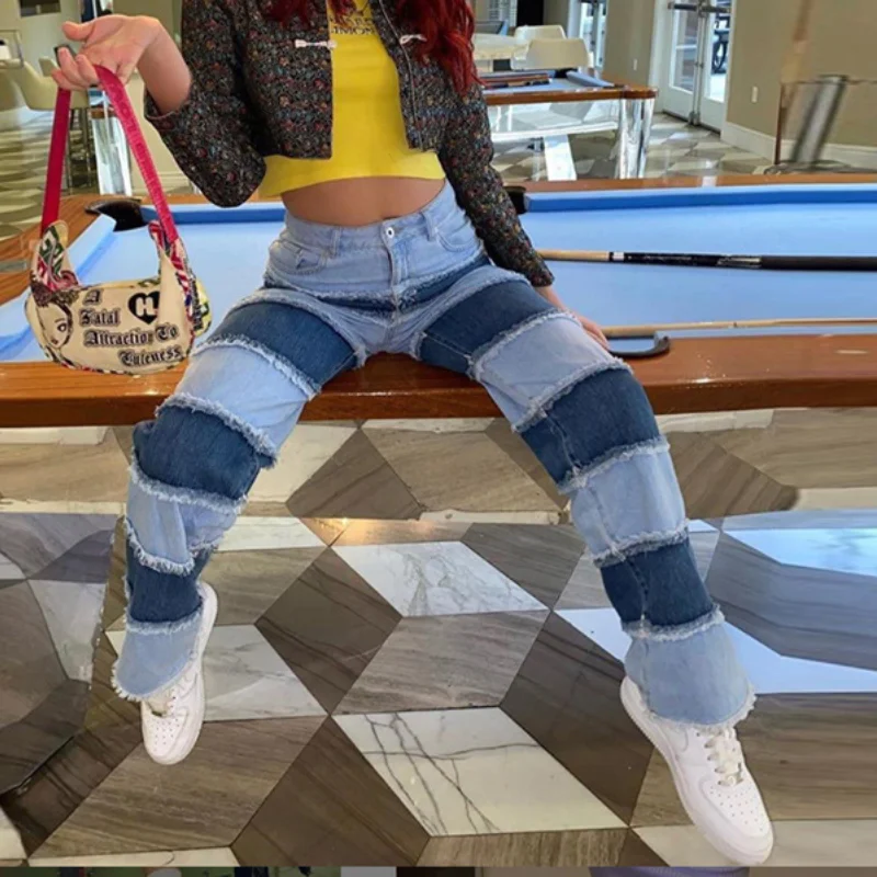 

High Waist Feminino Splicing Contrast Female Paneled Denim Pants Plus Size Denim Trousers Streetwear Spring Autumn Jeans Women