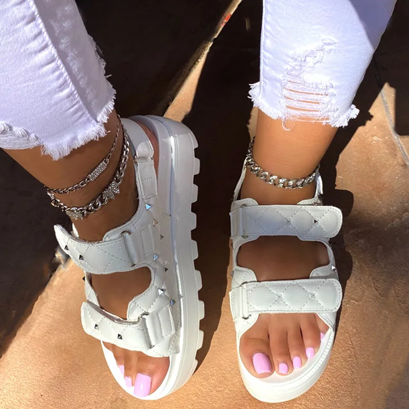 

Women's Sandals 2021 Thick Bottom Hook Loop Summer Platform Ladies Shoes Solid Color Fashion Pu Female Plus Size Ankle Strap