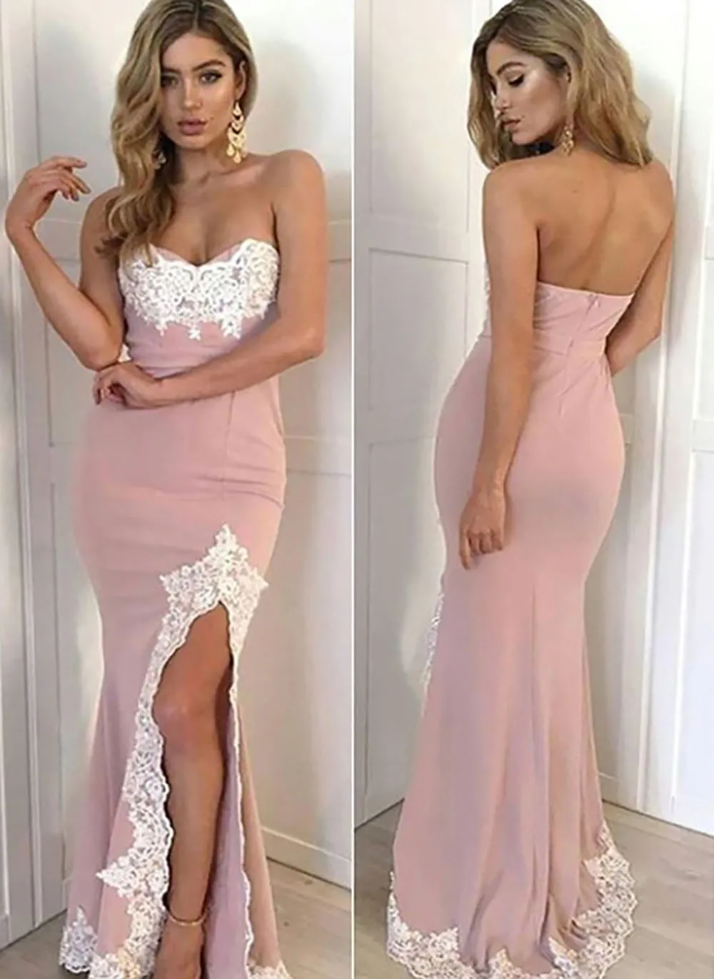 

New Sexy Mermaid Sweetheart Appliques Lace Slit Long Prom Gown Pink Prom Dresses Evening Party Dress Robe De Soiree