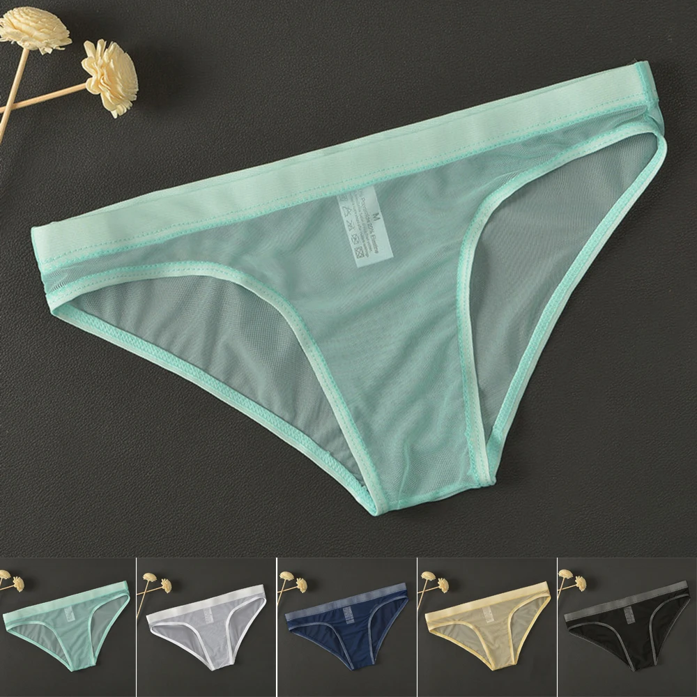 

Men's Low Rise Underwear Briefs Sexy Breathable Mesh Thong See Through Lingerie Nylon Seamless Ice Silk Underpant Bikini Panties