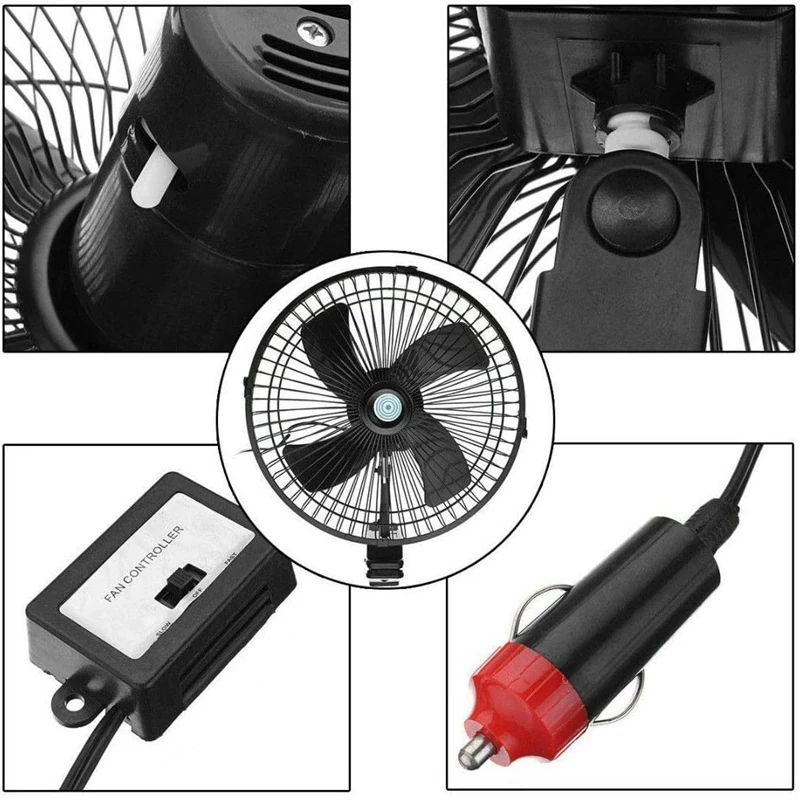

10 Inch 12V Car Electric Fan Adjustable Speed Oscillating Cooling Fans with Clip for Home Travel Car Truck