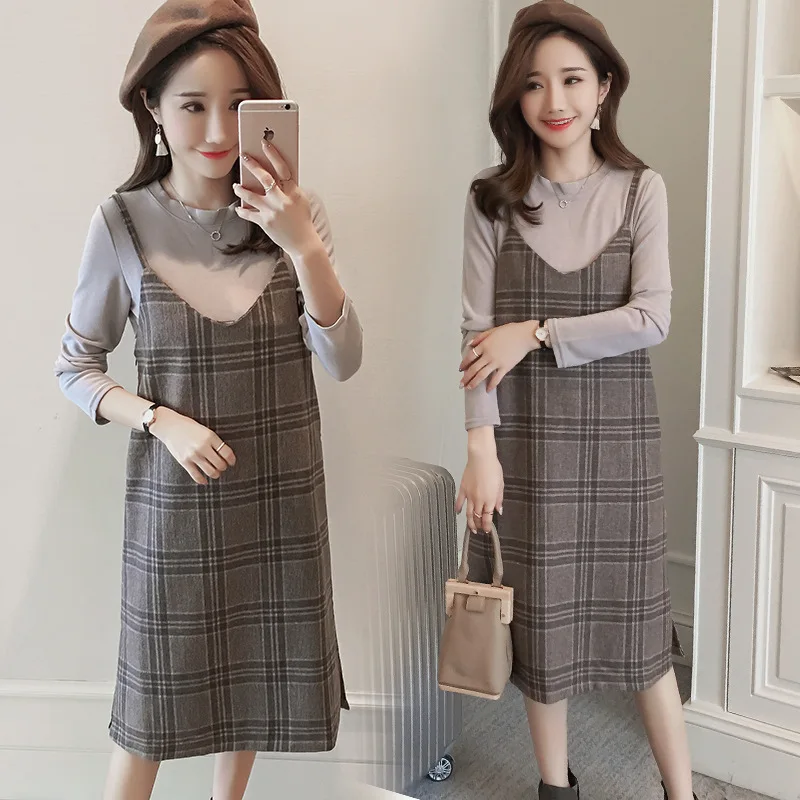 

2021 Autumn Winter 2pcs Maternity Clothes Sets Breastfeeding T Shirt+woolen Plaid Dress for Pregnant Women Nursing Sets