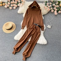 2022 two 2 pieces set women knitted tracksuit hoodied sweater carrot jogging pants pullover sweater set chic knit outwear new