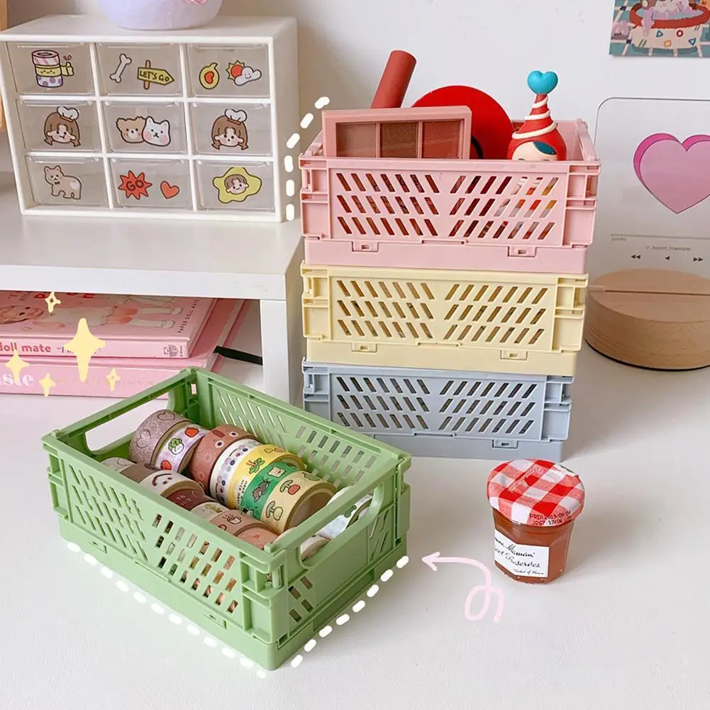 

Mini Folding Storage Box Collapsible Storage Container Cosmetic Office Storage Stationery Desktop Plastic Basket Home Boxes F6v1