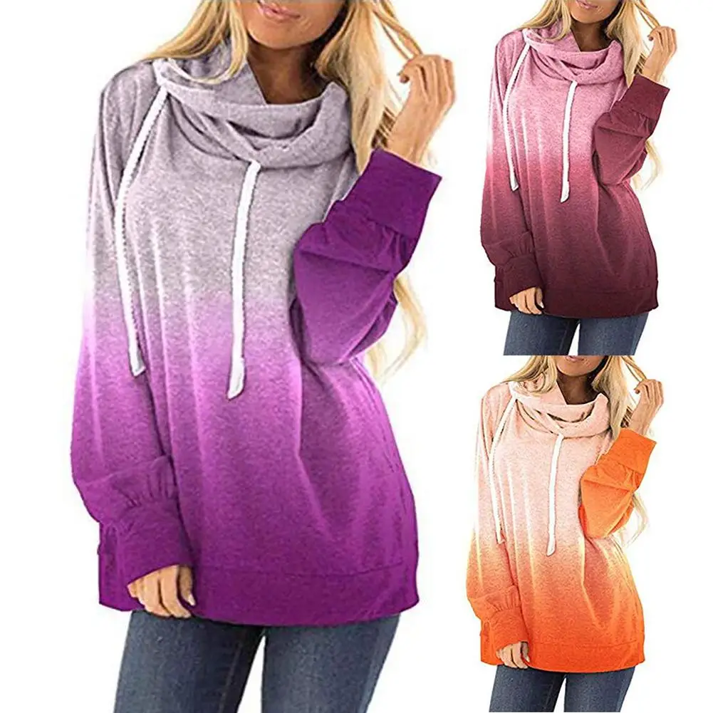 

Hot Casual Tie Dyes Print Cowl Neck Hooded Sweatshirt Women Loose Drawstring Hoodies Nylon/ Polyester/Spandex Women's Sweatshirt