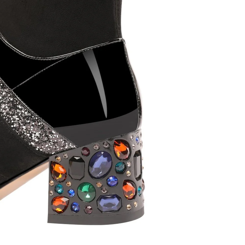 

Womens Suede Leather Ankle Boots Stretchy BowKnot Rainbow Colors Crystal Diamond Block Heel Shoes Black Warm Winter Autumn Style