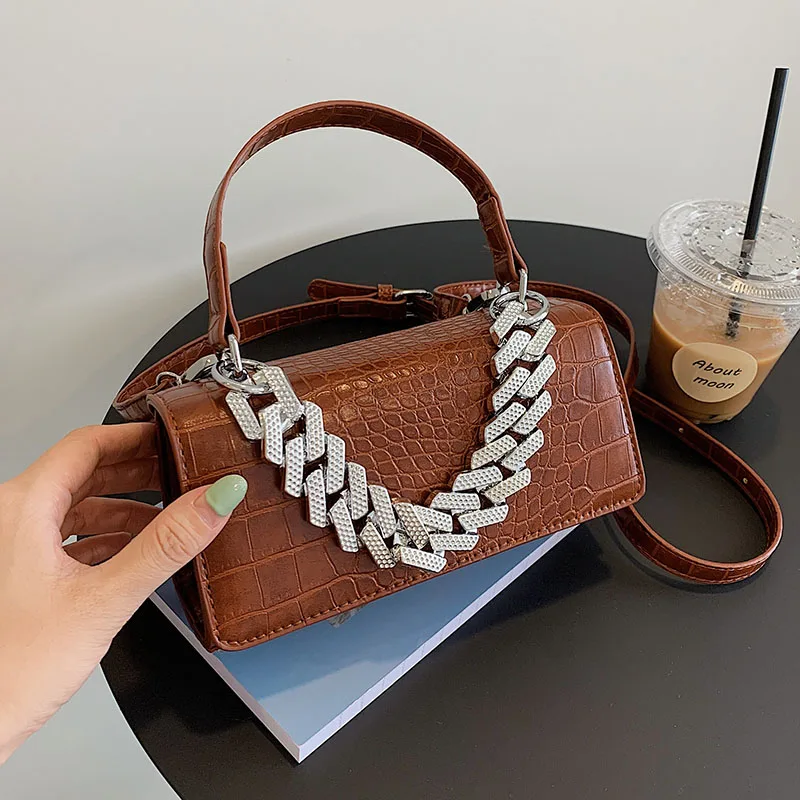 

Thick Chain Design Small Stone Pattern Square Tote 2021 Winter PU Leather Women's Designer Handbag Shoulder Crossbody Bag