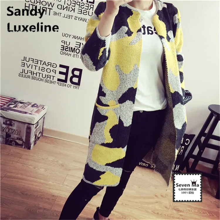 Женский длинный кардиган камуфляжной расцветки Свободный вязаный базовое