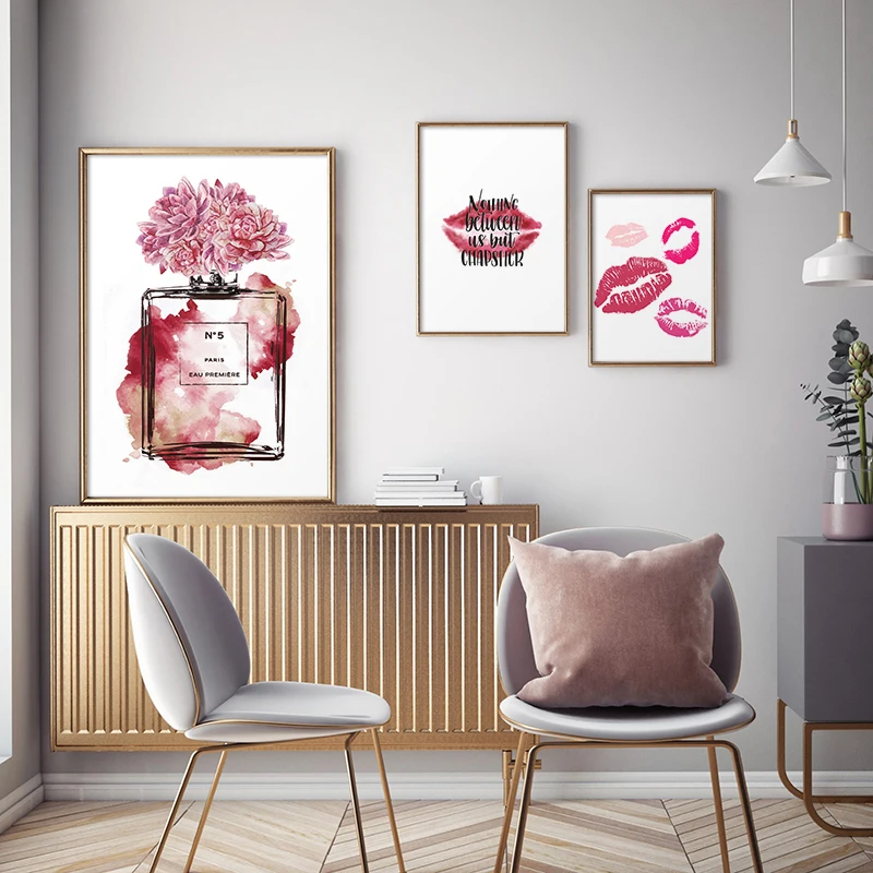 

Fashion Poster Lips Perfume Bottle Canvas Art Print Peony Flower Wall Painting Watercolor Pictures Print Vogue Girl Room Decor