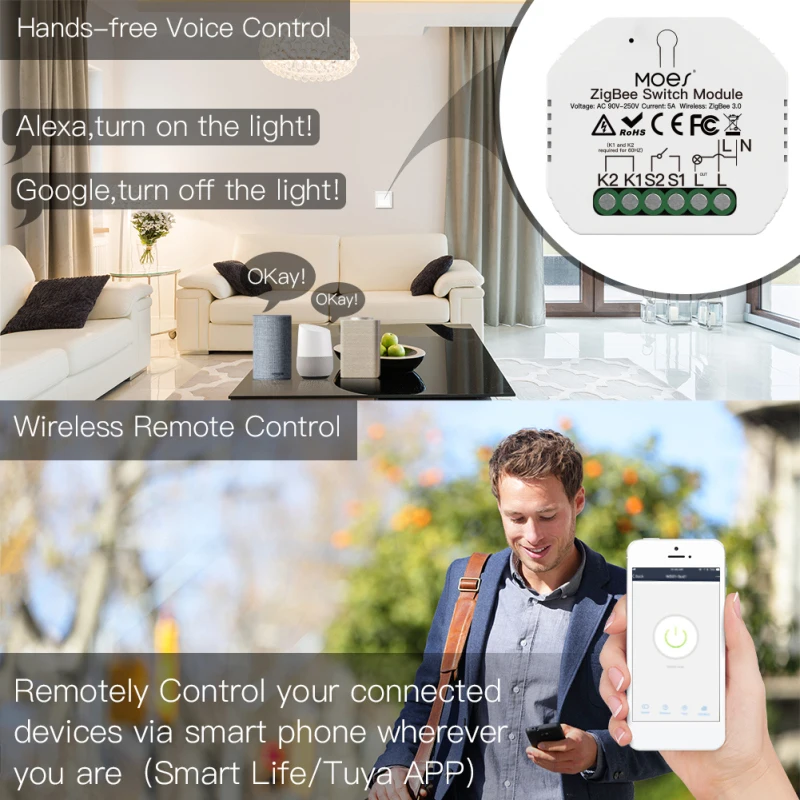 

Tuya ZigBee Smart Light Switch Module AC 90-250V No Neutral Wire Single Fire Smart Life App Control Works With Alexa Google Home