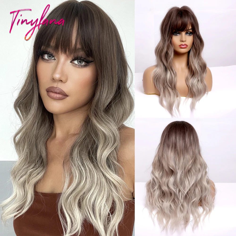 

TINY LANA Ombre Dark Brown Blonde Synthetic Wigs with Bangs Long Wavy Wig for Black Women Heat Resistant Fiber Daily Party