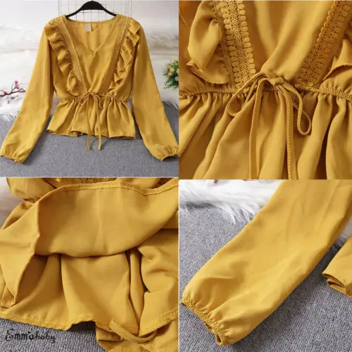 Женские блузки с длинным рукавом v образный вырез Офисная рубашка оборки