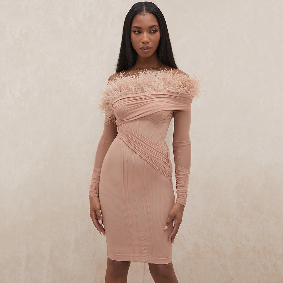 

2020 Winter New Sexy Woman Long Sleeve Mesh Stitching Feather Elegant Mini Bodycon Bandage Dress Celebrity Runway Party Dresses