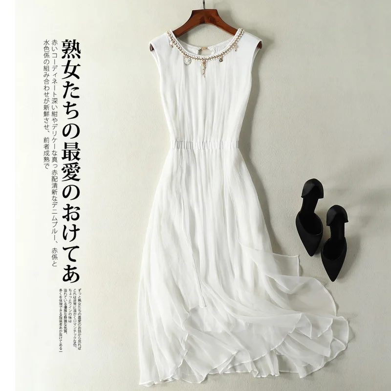 Женское винтажное платье из натурального шелка белое элегантное пляжное с