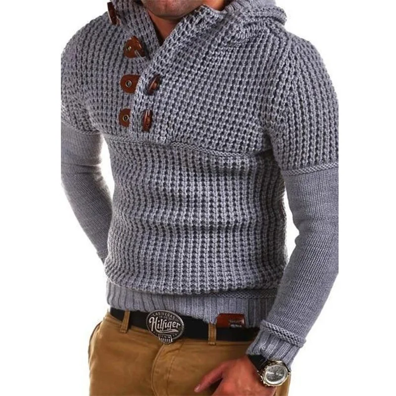 Jersey de punto grueso y cálido para hombre, jersey de manga larga ajustado de algodón con cuello alto y capucha