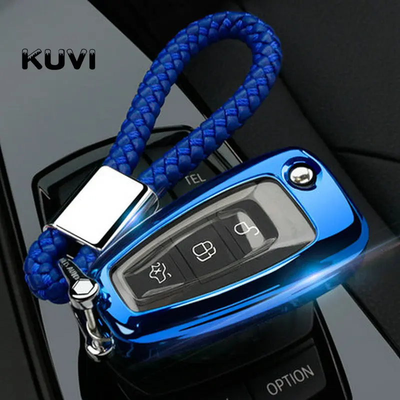 blue with keychain Чехол для ключей для Ford Ranger C-Max S-Max Focus Galaxy Mondeo Transit Tourneo Custom Focus 3 MK3 Focus 4 ключ Fob Case - Название цвета: blue with keychain