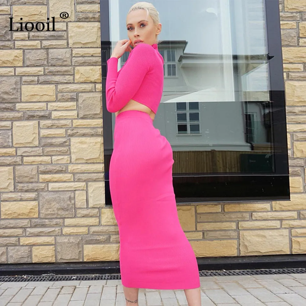 Liooil/оранжевый комплект из 2 предметов, сексуальное облегающее трикотажное Макси платье для женщин, осень, зима, длинный рукав, водолазка, вечерние, Клубные облегающие платья